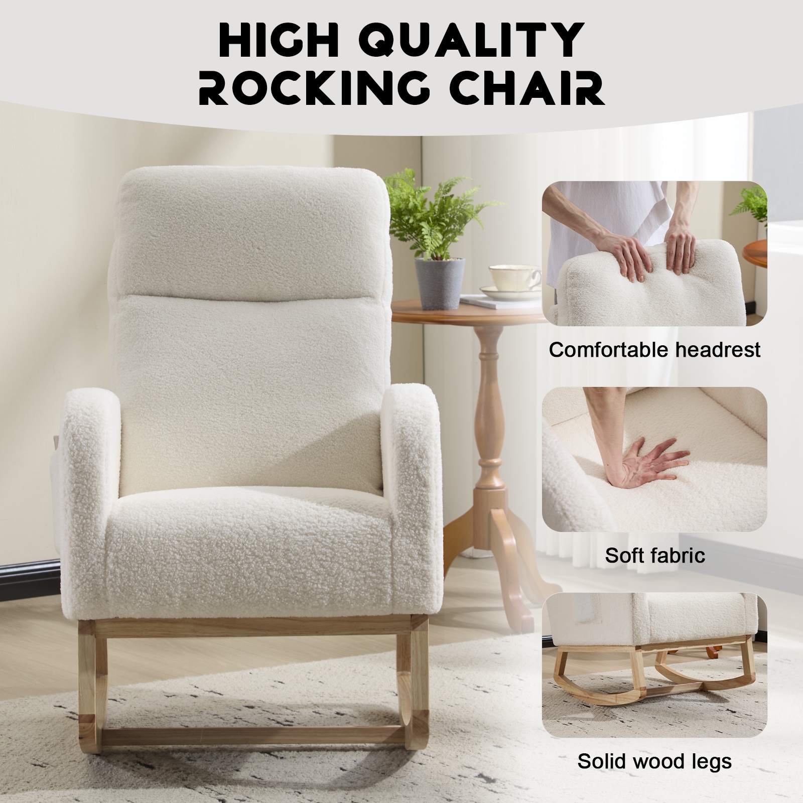 Modern Accent Rocking Chair Rocking Chair With Solid Wood Legs, Upholstered Nursery Glider Rocker, Comfy Armchair With Side Pocket, Living Room Lounge Arm Chair With High Backrest (White,teddy)_voghion.com
